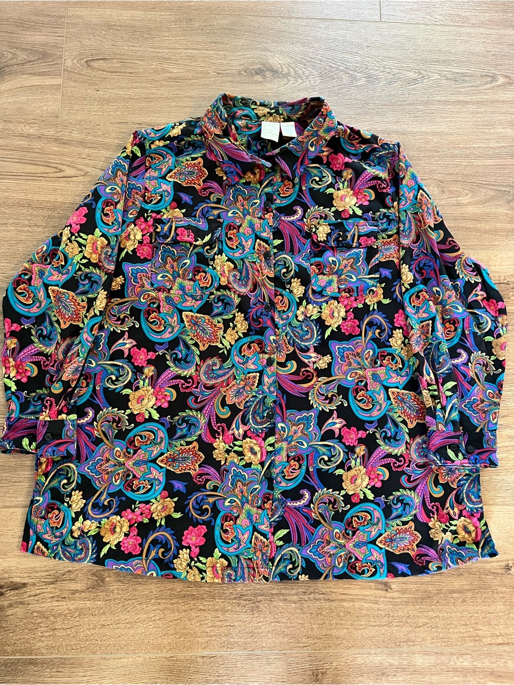 Vintage Roaman's Black Blouse with Bright Paisley Floral Print